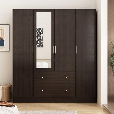 ECACAD Dark Brown Wardrobe Armoire with Mirror, 5-Tier Shelves, 2 Drawers, 2 Hanging Rods and 4 Doors, Wooden Closet Storage Cabinet for Bedroom (63”W x 19.7”D x 70.9”H)