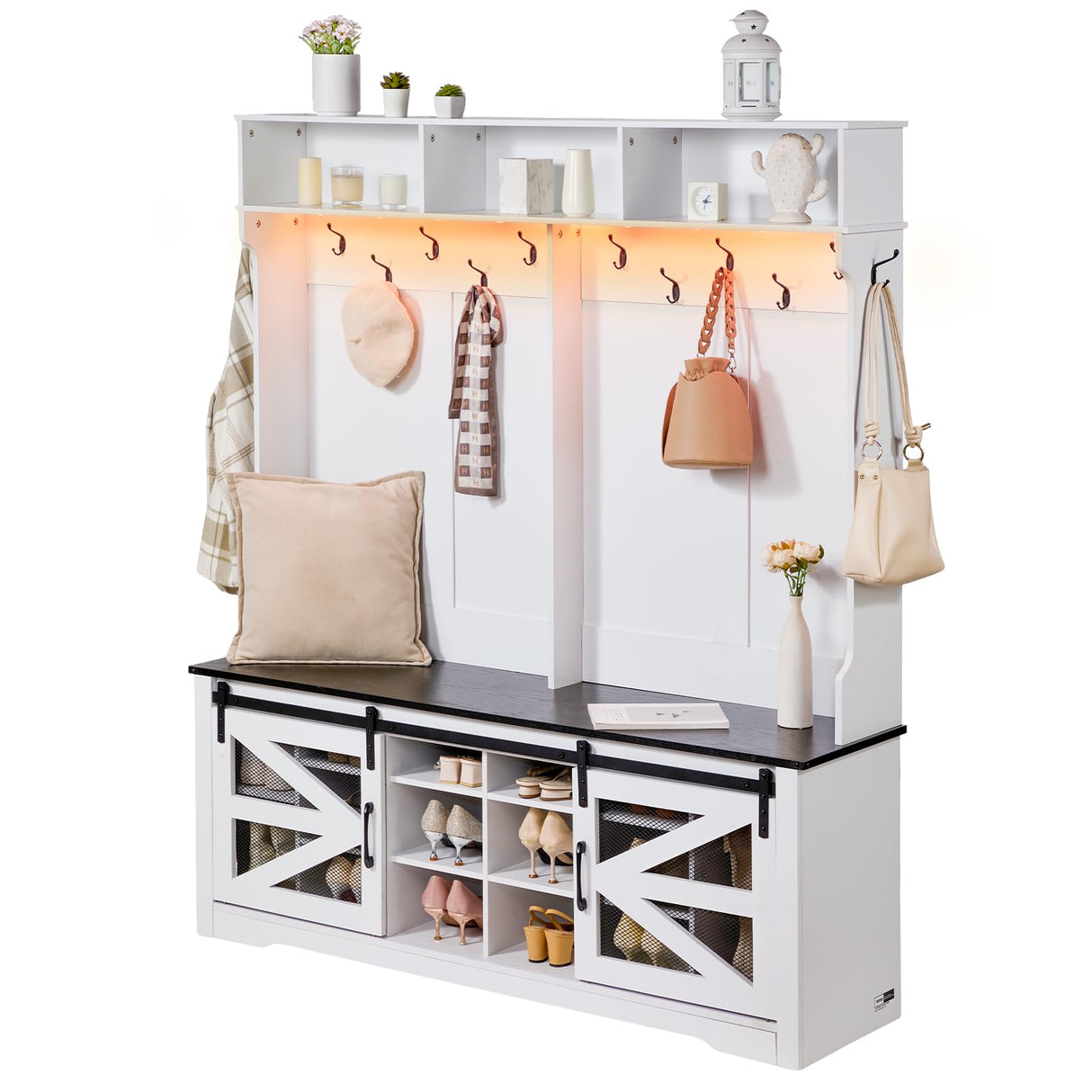 VEVOR Hall Tree Entryway Bench, LED Coat Rack with Shoe Storage, 59" Wide Mudroom Bench with Storage and Seating, Adjustable Shelves and 12 Hanging Hooks, for Mudroom, Entryway, Hallway VEVOR