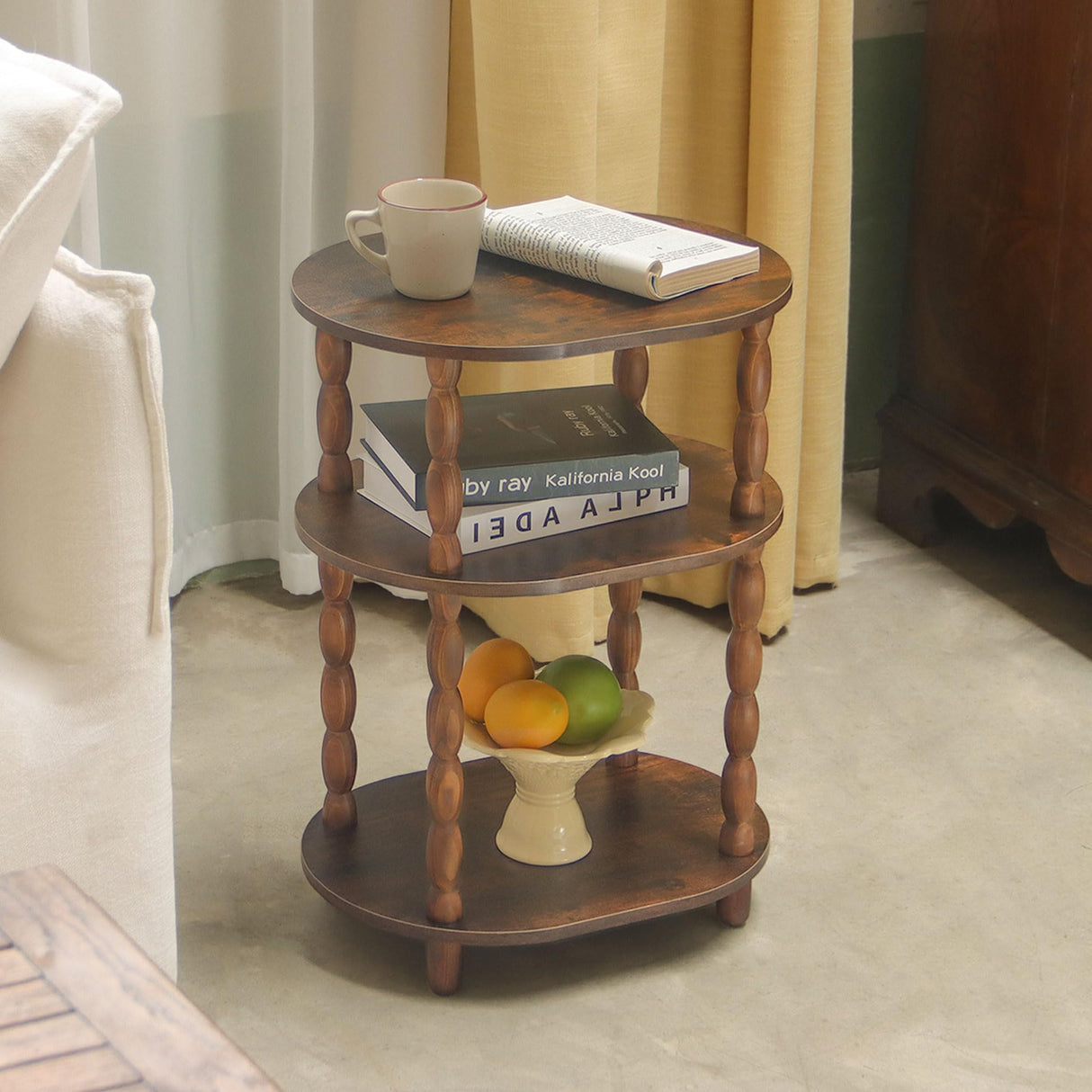 MaxSmeo Side Table, 3-Tier Small End Table, Modern Oval Night Stand Accent Table for Living Room, Bedroom, Rustic Brown MaxSmeo