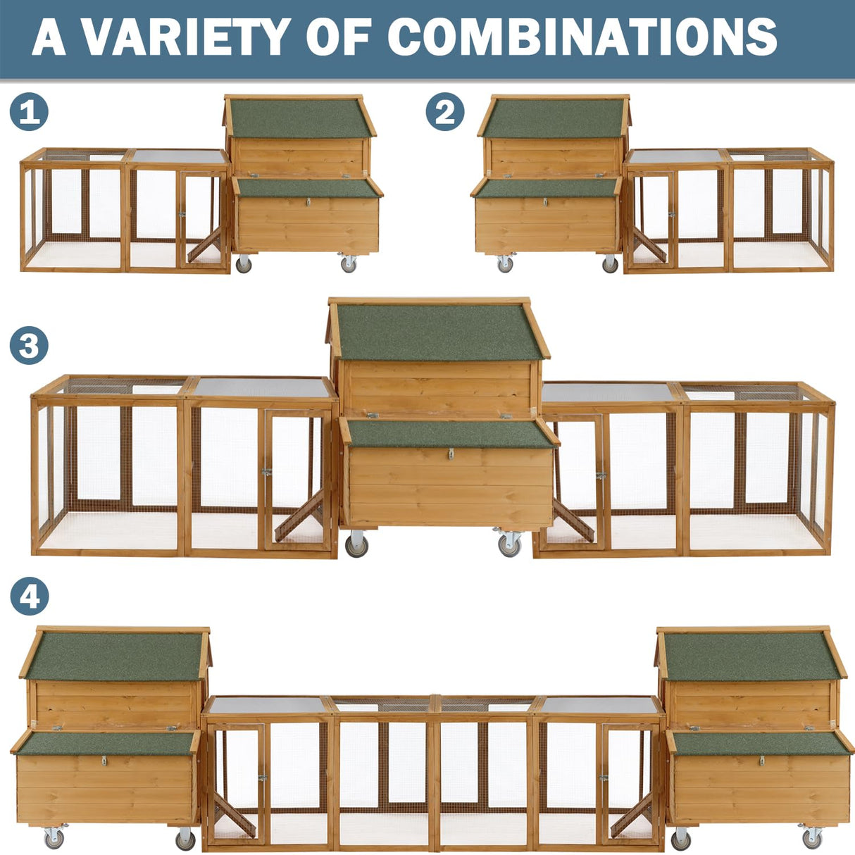 ECOLINEAR Large Chicken Coop with Wheels, Waterproof Outdoor Hen House for 6-8 Chickens, Movable Chicken House with Two Nesting Box, Removable Tray, PVC Cover, Wooden Duck Coop Rabbit Hutch ECOLINEAR