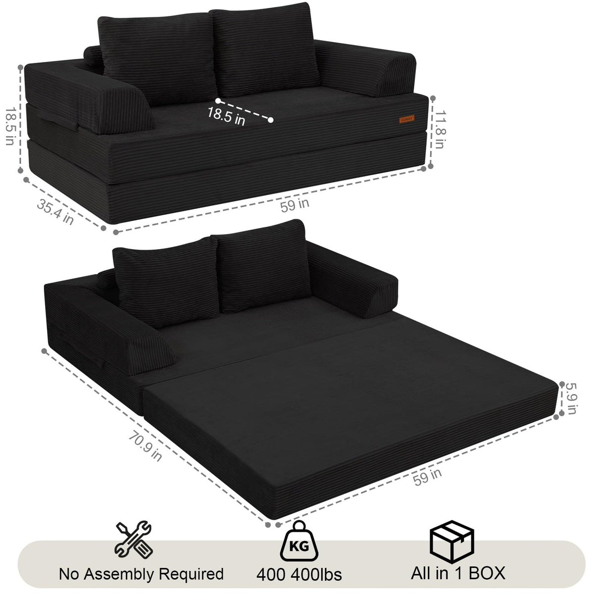 COMAX Convertible Sofa Bed, Folding Floor Couch Corduroy Fold Out Couch Bed Futon Sleeper Mattress with Pillows, Boneless Sofa Comfy Lounge Loveseat for Living Room Bedroom, Black COMAX