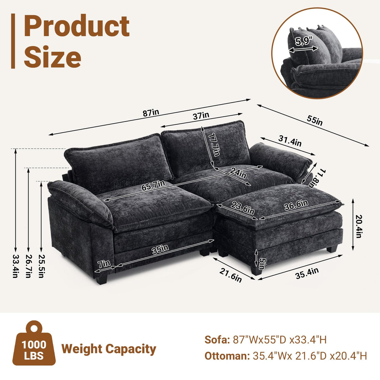 VINGLI 87" Convertible Sectional Sofa,L-Shape Deep Seat Sofa Couch for Living Room,Modern Chenille 2 Seat Loveseat Sofa with Ottoman for Small Space(Black, 87") VINGLI