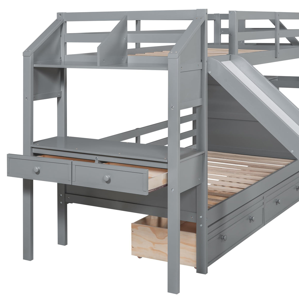 Bellemave Twin Over Twin Bunk Bed with 4 Drawers and Storage Staircase, Wood Bed Frame with Desk and Shelves, Twin Beds with Slide and Full-Length Guardrails for Kid's Room or Dormitory, Gray Bellemave