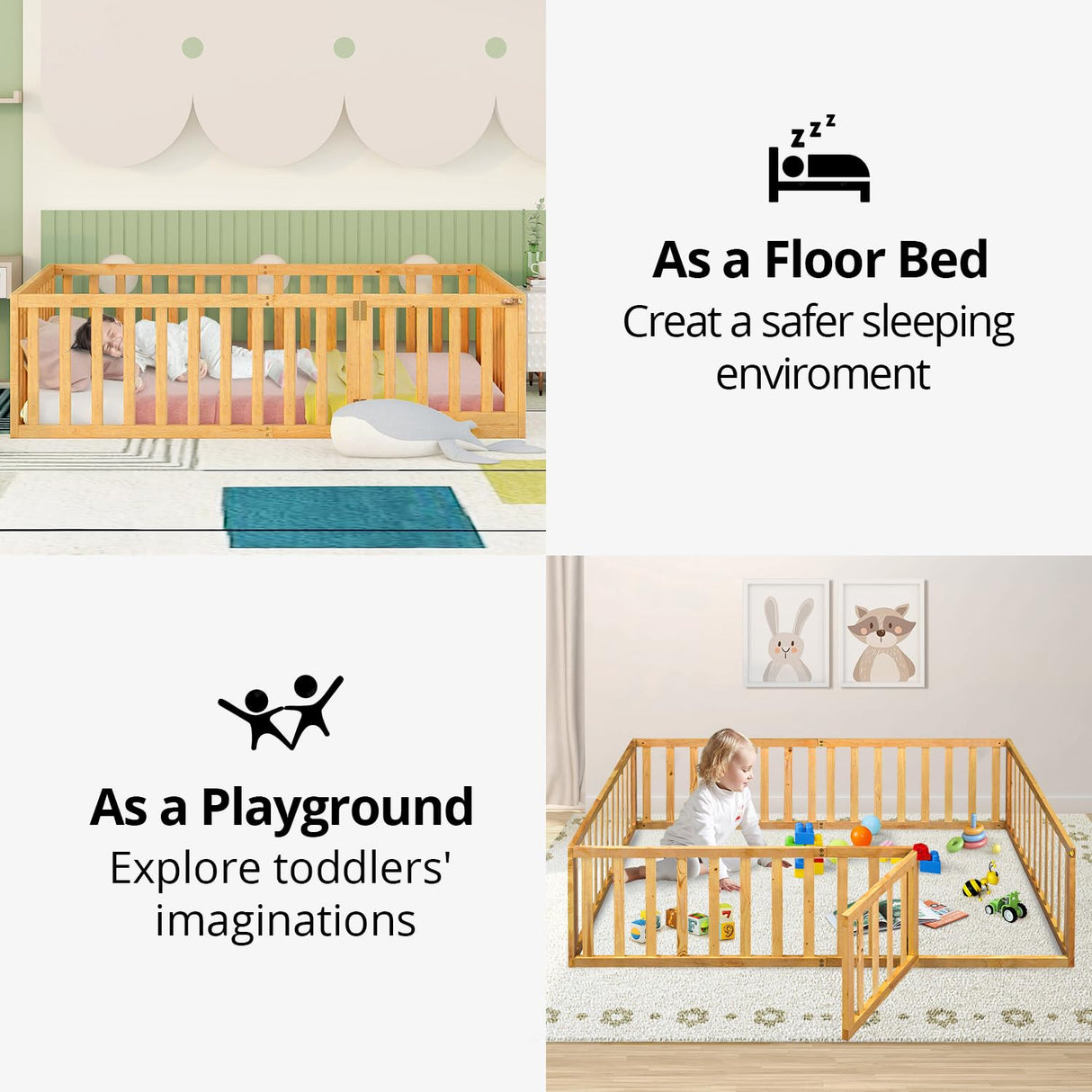 Solid Wood Montessori Floor Bed with Fun Door and Safety Guardrails for Kids LLS