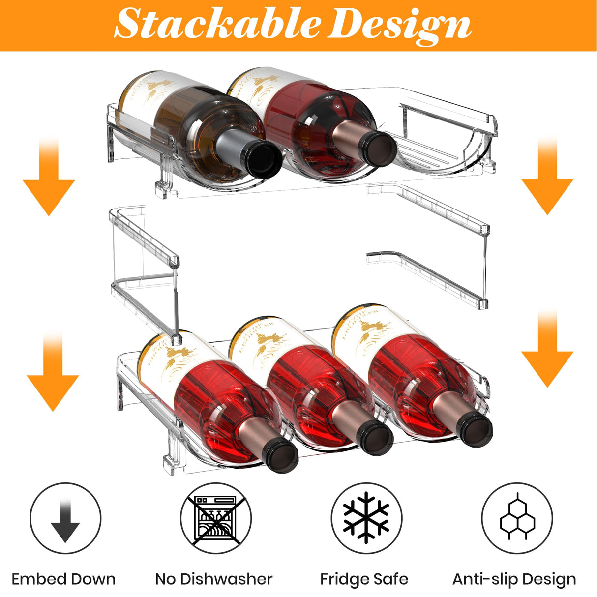 Plastic Stackable Wine Rack for Refrigerator, 2 Tier Large Capacity Water Bottle Organizer for Cabinet, Free-Standing Water Bottle Storage Rack for Fridge, Countertop, Pantry, Freezer, Hold 6 Bottles Noyhnuoch