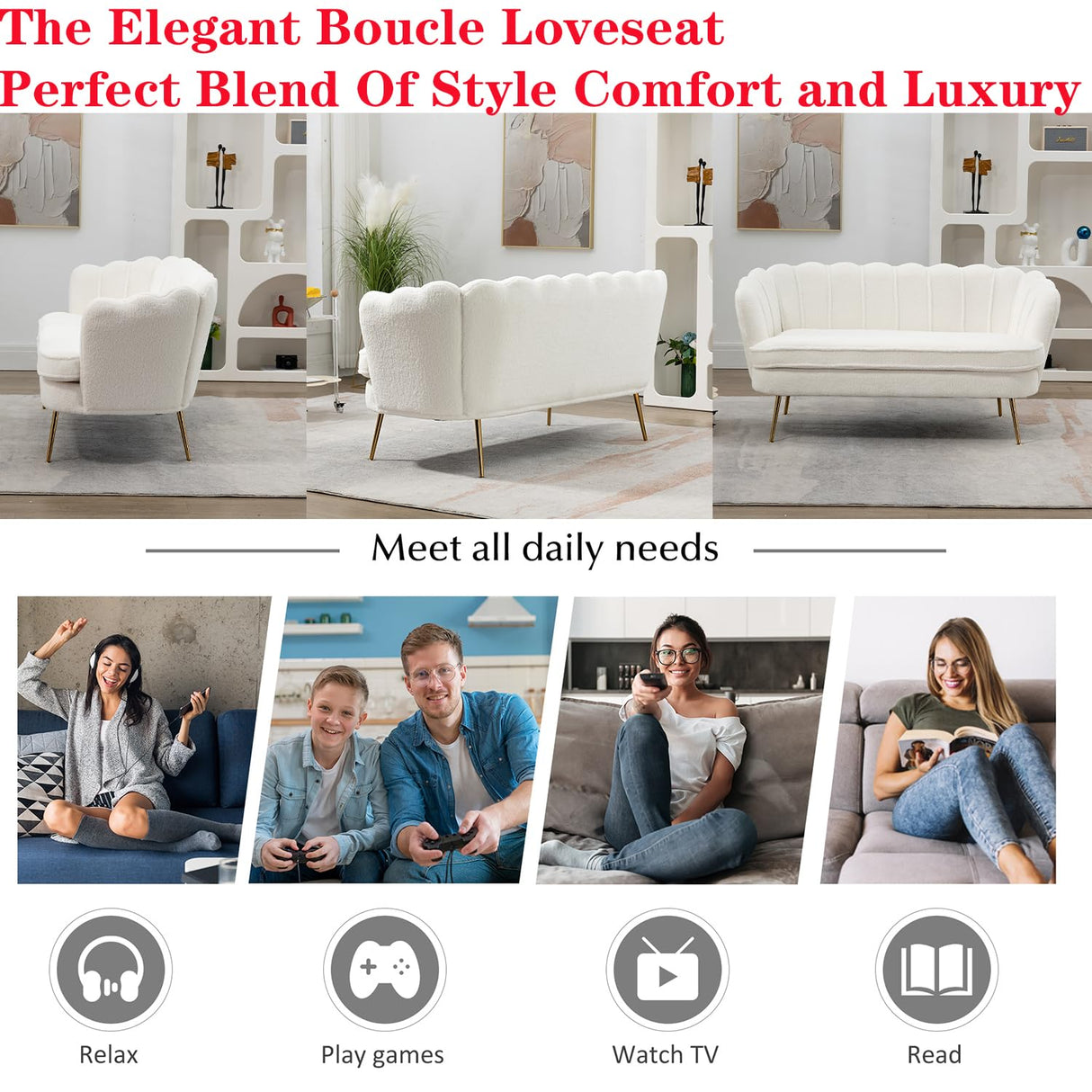 Modern Boucle Loveseat Couch,Futon Small Sofa with Gold Metal Legs ,2-Seater Upholstered Mini Sofa Couches for Small Space,Living Room Bedroom Office Dorm Studio Apartment Love Seat Couche(White) Gustonhon