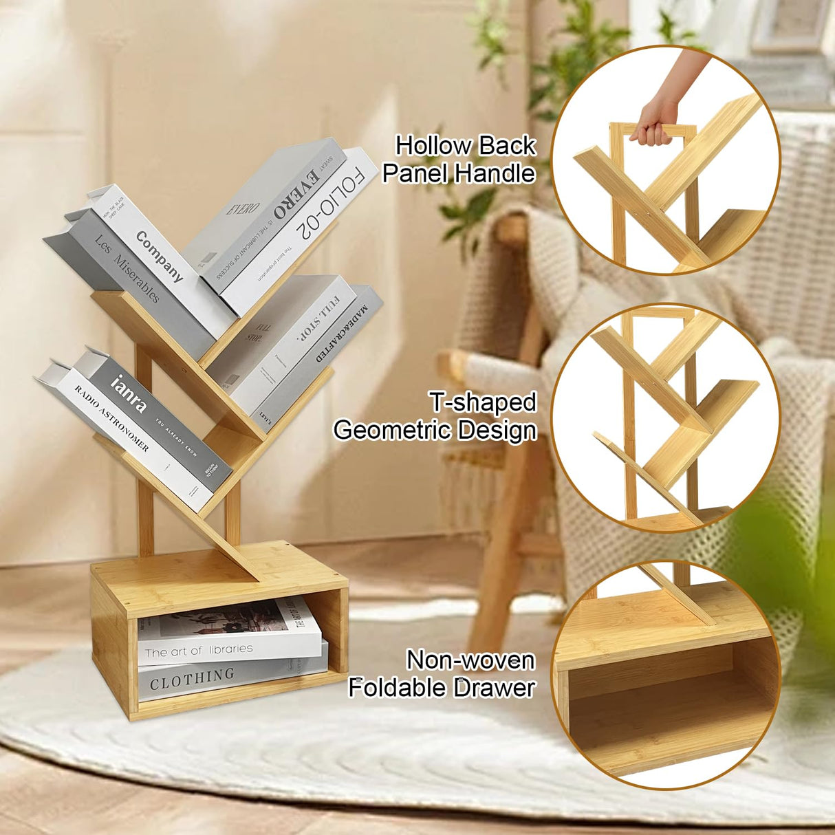 Bamboo 4 Tree Bookshelf Small Bookcase Free Standing Wood Bookcase for Narrow Space Modern Book Storage Rack for Books/Movies/CDs Narrow Display Rack for Living Room Home Office (Bamboo, 4-Tier) Sholramo