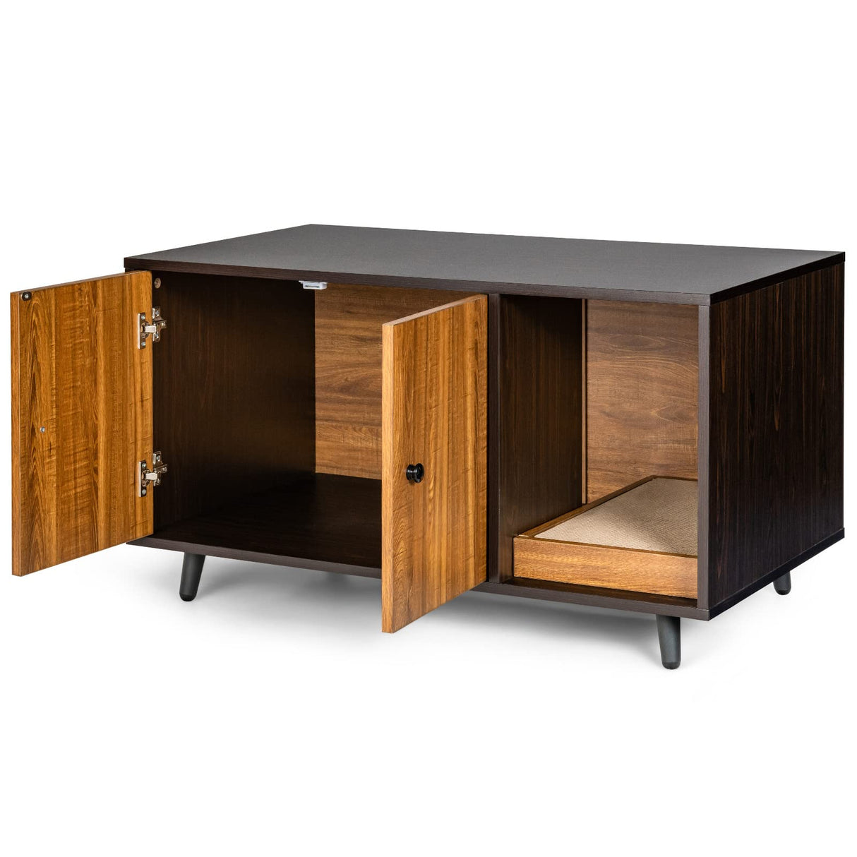 Tangkula Cat Litter Box Enclosure, Cat Washroom W/Divider, Scratching Pad, Metal Leg, Enclosed Cat Box Cabinet Pet House W/Double Doors, Litter Box Furniture Hidden for Large Cat (Walnut & Black) Tangkula