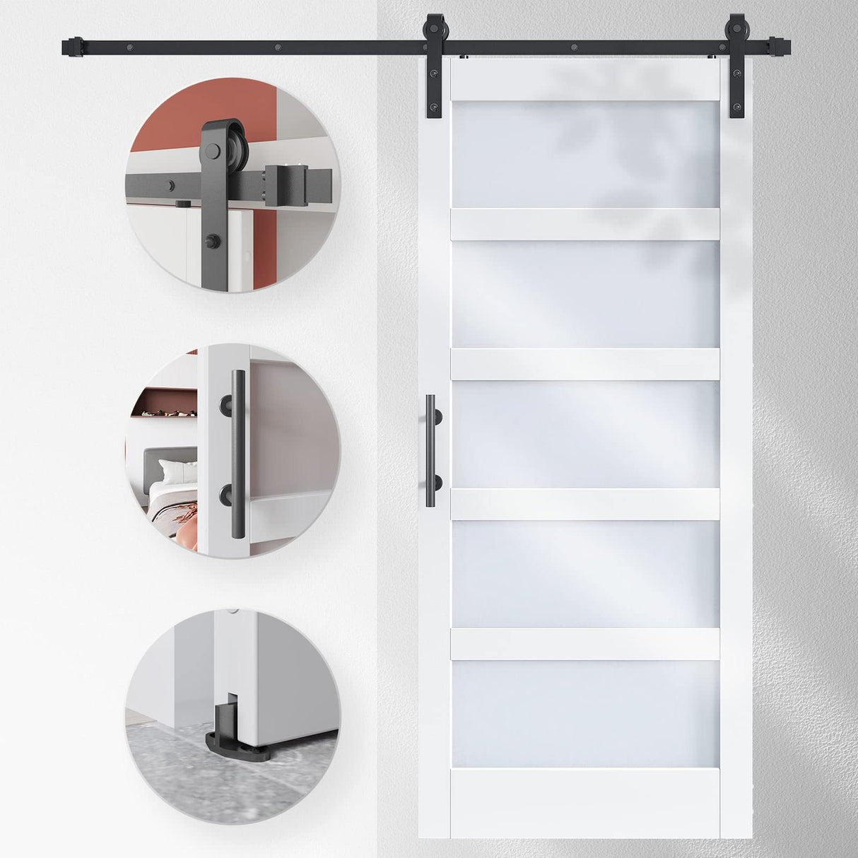 EaseLife 38in x 84in Glass Barn Door with 6.6FT Sliding Door Hardware Kit Included & Handle,Solid LVL Wood Covered with Water-Proof & Scratch-Resistant PVC Surface,DIY Assembly,5-Panel Glass,White EaseLife