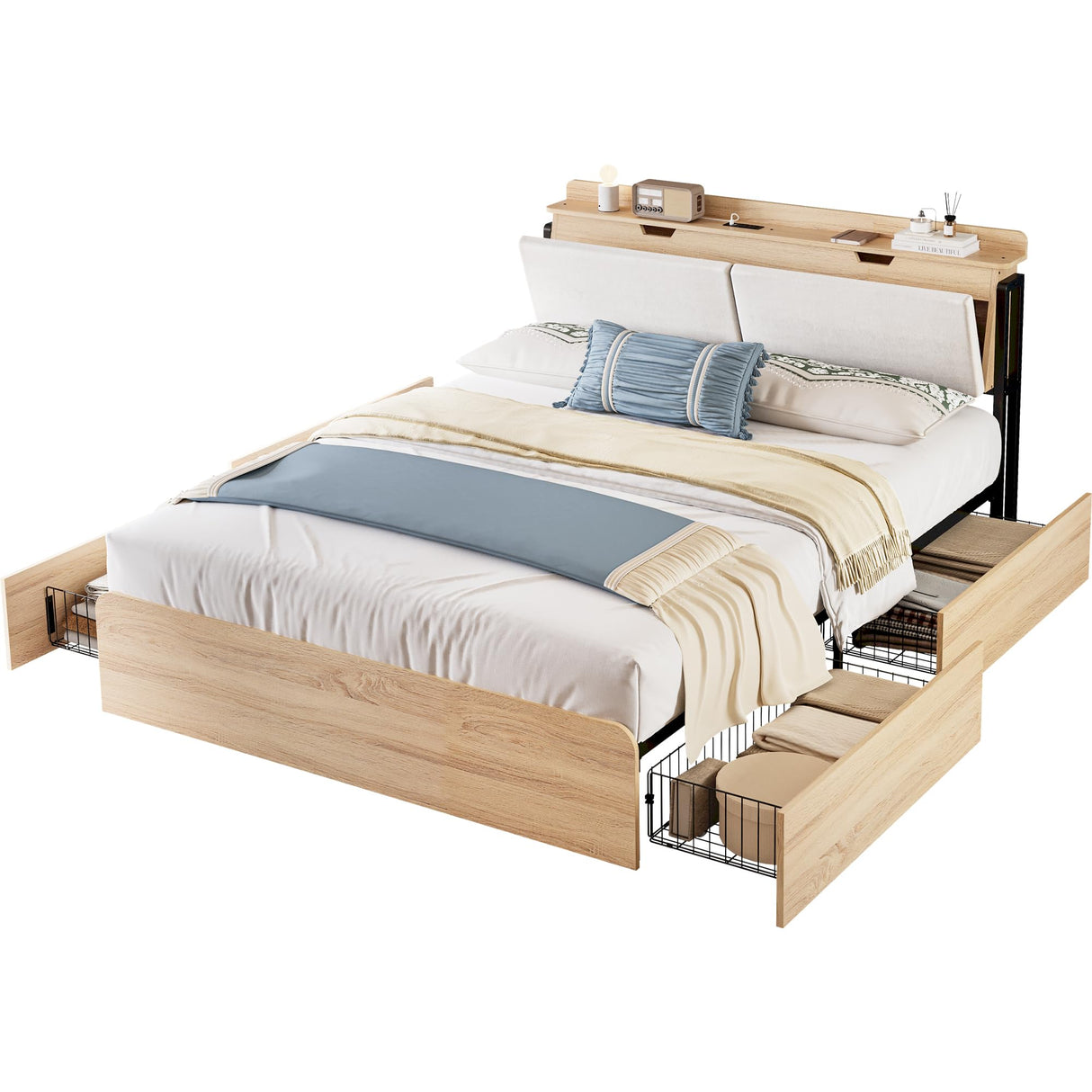 LIKIMIO Queen Bed Frames with Hidden Storage Headboard, Camas Queen with Charging Station and 4 Drawers, Sturdy and Noiseless, No Box Spring Needed, Wood Color LIKIMIO