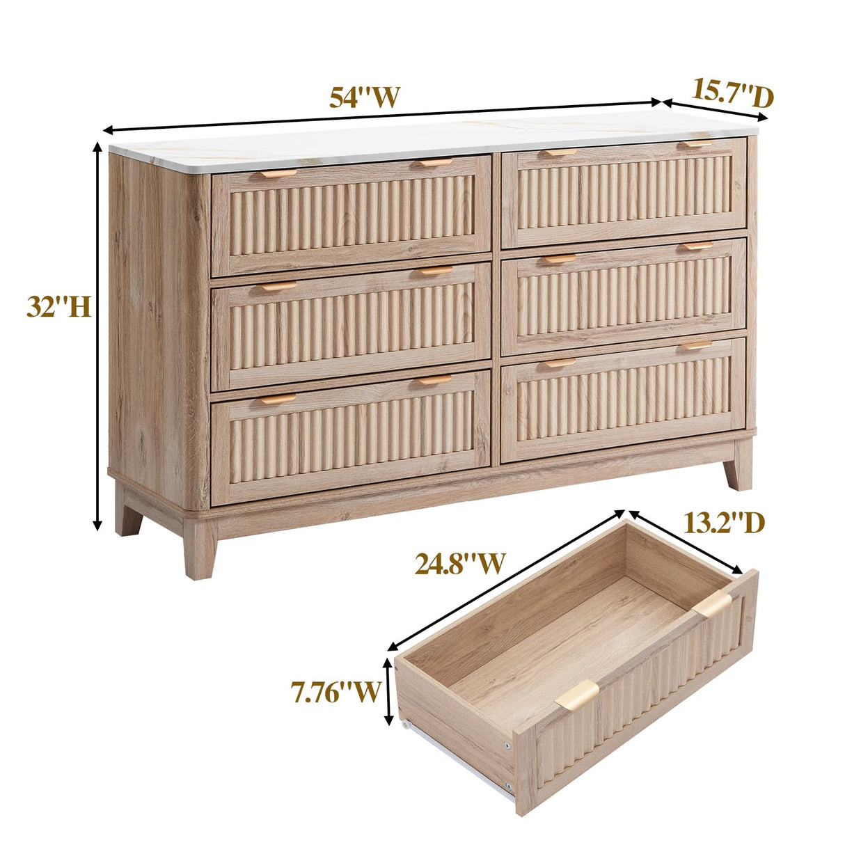 6 Drawers Dresser for Bedroom, 54" Large Storage Dresser, Farmhouse Wood Dressers with Faux Marble Top, Modern Dressers & Chests of Drawers for Living Room Entryway, Fluted Curved Profile, Natural Oak GIAJORYA