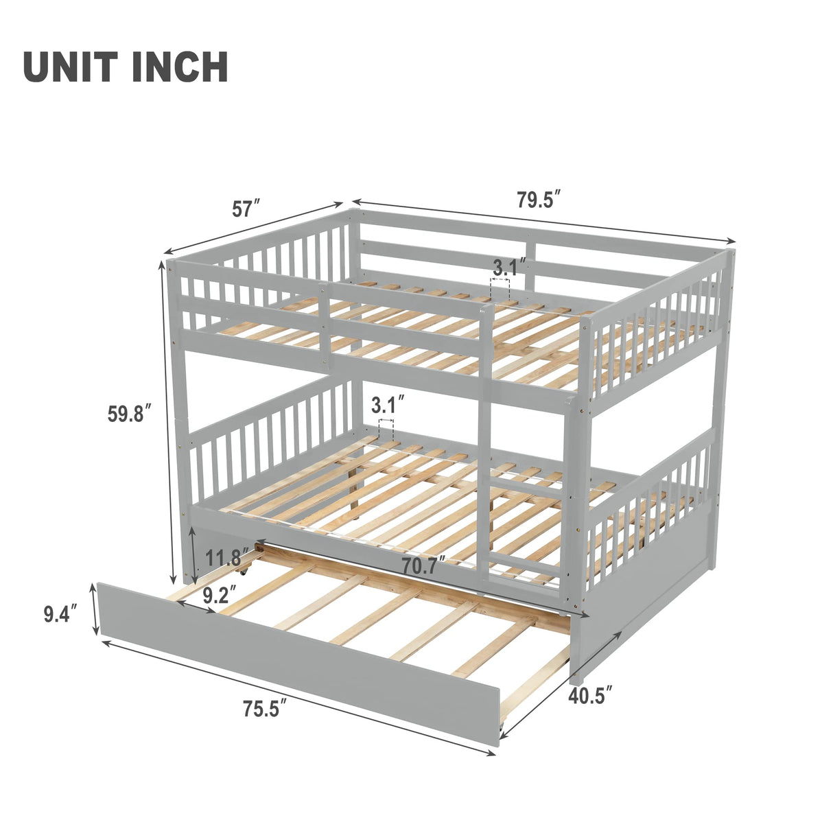 UOCFYK Full Over Full Wood Bunk Bed with Trundle for Kids Boys Girls,Solid Wood Bedframe w/Ladder & Safety Guardrails, Convertible into Twin Size Beds,No Box Spring Needed, Grey UOCFYK