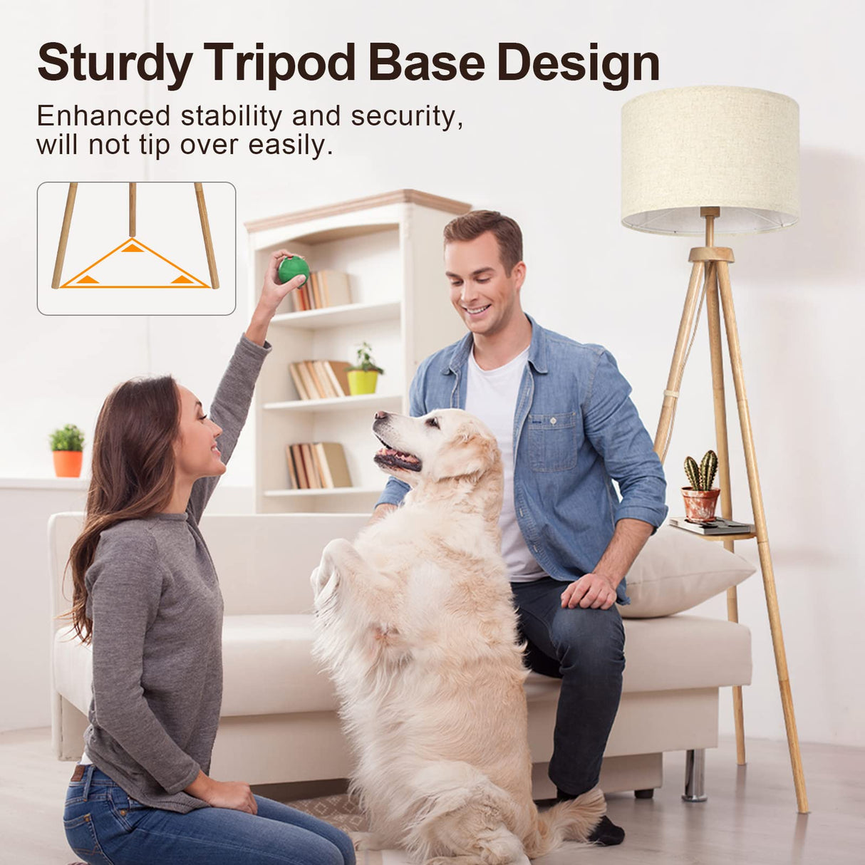 OUTON Wood Tripod Floor Lamp with Shelves, Mid Century Floor Lamp with Remote Control,4 Color Temperature, LED Modern Dimmable Standing Lamp with Beige Linen Shade for Living Room, Bedroom, Office OUTON