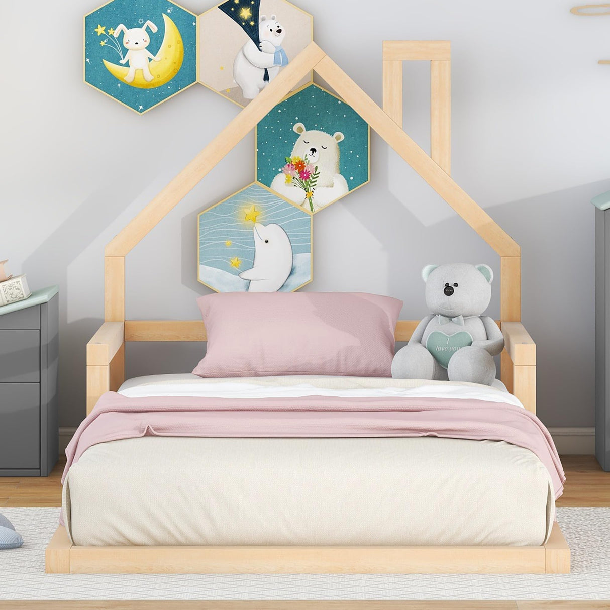 Bellemave Twin Size Montessori Floor Bed with House-Shaped Headboard and Railings in Natural Finish Bellemave