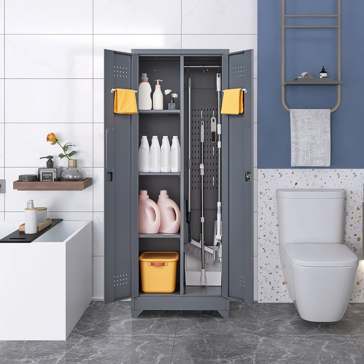 STEELIST Metal Storage Cabinet with Doors, Tall Storage Cabinet, 65" H Steel Tool Cabinet for Brooms and Mops, Metal Locker with Pegboards and Hanging Rod for Garages, Laundry, Gym STEELIST