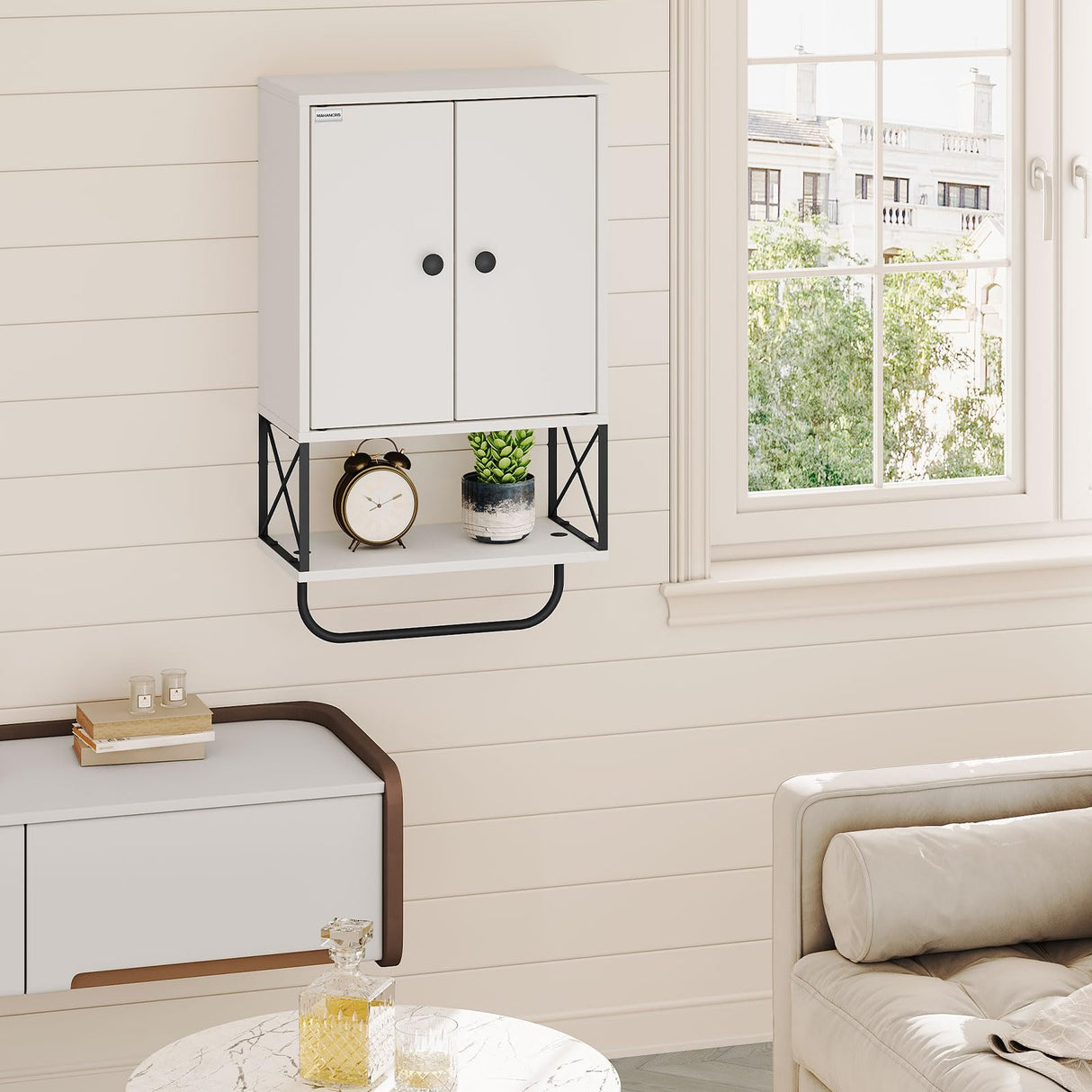 MAHANCRIS Bathroom Wall Cabinet with 2 Door and Adjustable Shelves, Farmhouse Medicine Cabinet with Towel Rack, 3-Tier Wall Mounted Storage Cabinet Over The Toilet for Bathroom Laundry Room, White MAHANCRIS