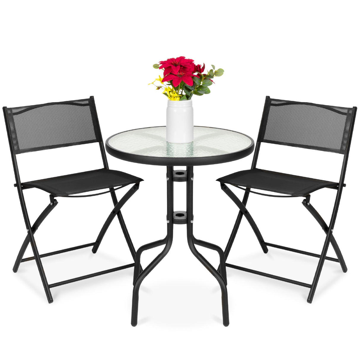 Best Choice Products 3-Piece Patio Bistro Dining Furniture Set w/Textured Glass Tabletop, 2 Steel Folding Chairs, Polyester Fabric - Black Best Choice Products