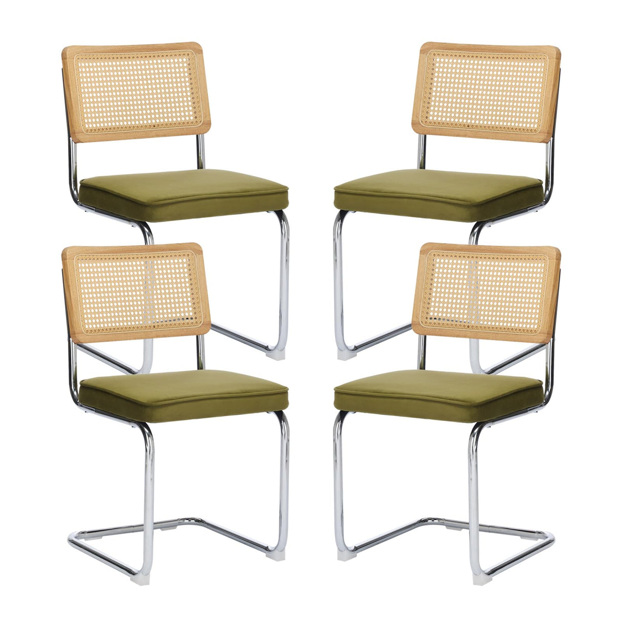 SOARMOTE Rattan Dining Chairs Set of 4,Upholstered Mid-Century Modern Dining Room Chairs with Cane Backrest,Retro Velvet Kitchen Chairs with Stainless Chrome Base,Green SOARMOTE