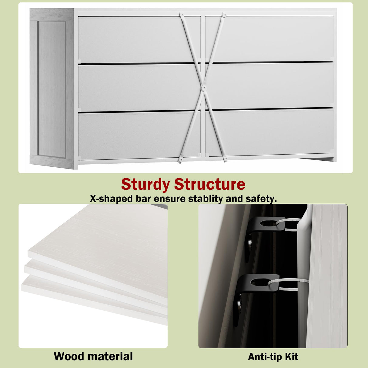 OURPIC Dresser for Bedroom with 6 Drawers, 51 Inch White Dressers TV Stand for 50, 55, 60 Inch TV, Wood Top and Side, Fabric Drawers, Storage, Dresser for Closet, Living Room, Hallway, Entryway OURPIC