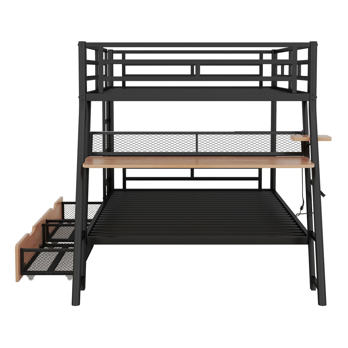 Full Over Full Metal Bunk Bed with Built-in Desk, Modern Style Heavy-Duty Steel Frame Bunk Bed with Light and 2 Drawers, Safety Rail and Built-in Ladder for Bedroom, Dorm (Black) Bellemave