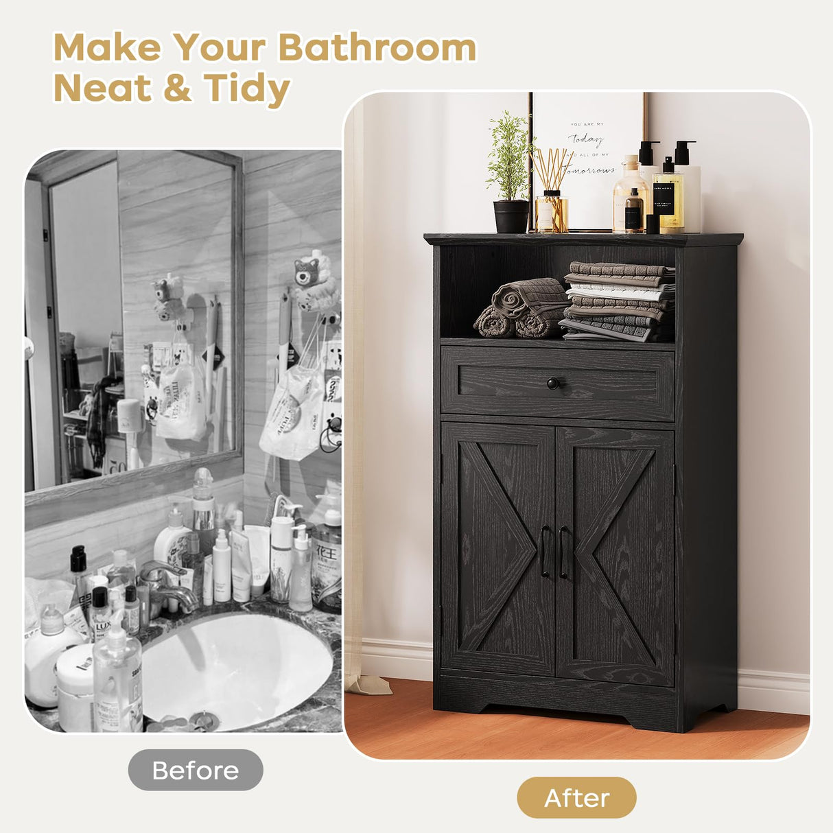 Viroformo Floor Cabinet, Farmhouse Storage Cabinet with Barn Doors and Drawer, 11.81" D x 23.62" W x 39.37" H Black Freestanding Adjustable Shelf Organizer for Bathroom, Kitchen, Living Room Viroformo