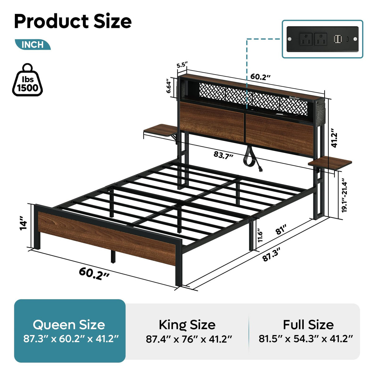 Bestier Walnut Queen Size Bed Frame with Headboard, Folding Bedside Shelves, Charging Station & LED Light Bestier