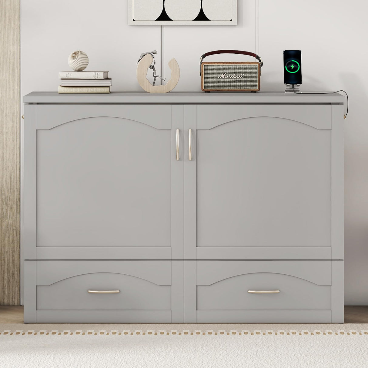 Ball & Cast Murphy Bed Full Size,Cabinet Bed with Drawer and a Set of Sockets,Space Saving Hideaway Wall Bedframe w/USB Ports & Pulley Structure Design,Slat Support,Furniture for Small Space,Gray Ball & Cast