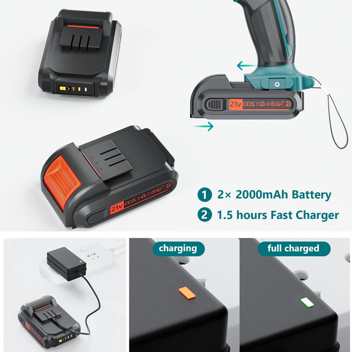 Cordless Power Drill Set with Battery and Charger,21V Cordless Drill Set, 25+3 Torque,2 Variable Speeds Electric Drill Set with 3/8'' Keyless Chuck,LED lights,2 Batteries UIFGVJH