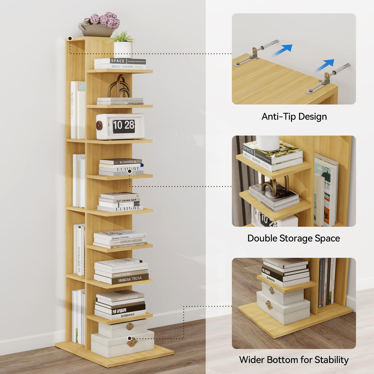 ELECWISH Narrow Bookshelf, 13-Tier Bookcase for Small Space, Tall Vertical Spine Bookshelf Tower, Modern Corner Book Shelf with Storage for Home Office ELECWISH