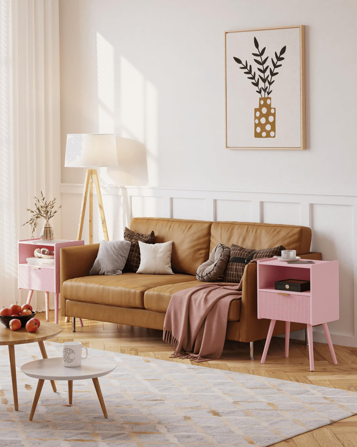 JOONEE Nightstand,Modern Bedside Table with Storage Drawer and Open Wood Shelf, for Living Room, Bedroom and Small Spaces, Accent Night Stand with Solid Wood Legs, Easy Assembly,Classic Pink JOONEE