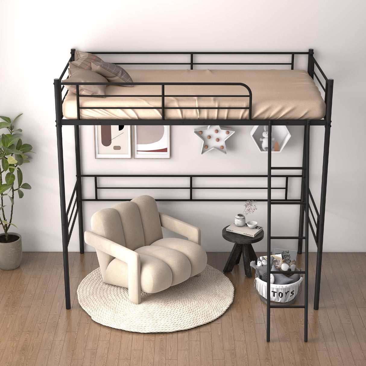 Giantex Metal Loft Bed Twin Size for Juniors & Adults, Loft Bed Frame with Ladder & Safety Guardrail, 61" Under-Bed Space, Space-Saving Twin Bed for Teens, No Box Spring Needed (Black) Giantex