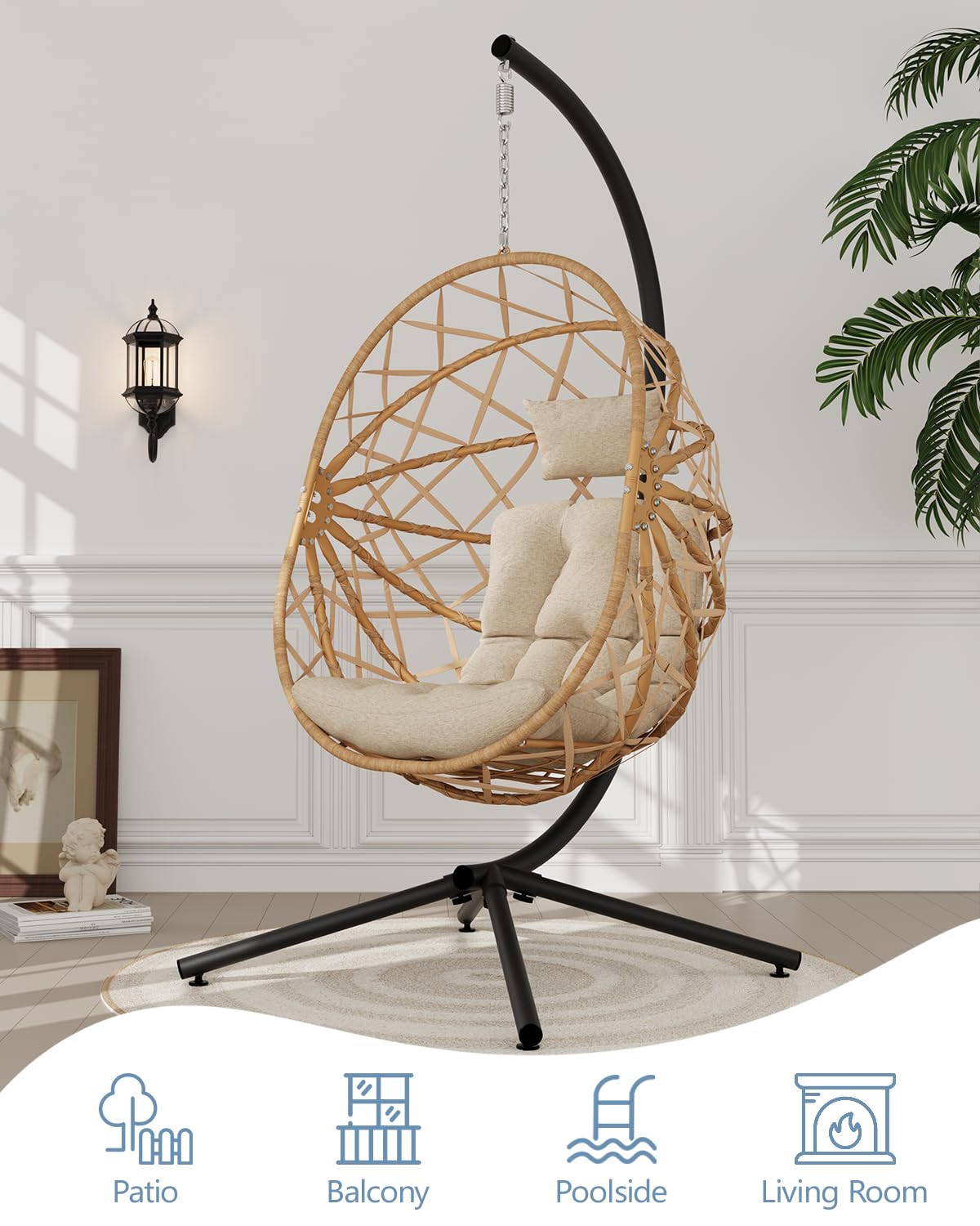 SWITTE Egg Chair Outdoor with Stand, Indoor Wicker Hanging Egg Swing Chair with Cushion, 400LBS Capacity for Patio, Bedroom & Garden - Cream SWITTE