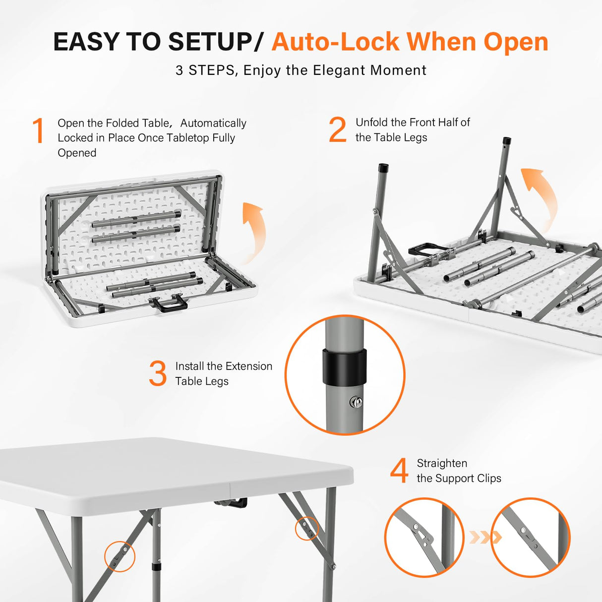 VINGLI 34" Fold in Half Square Table, Bi-Folding Commercial Table, Portable Plastic Dining Card Table for Kitchen or Outdoor Party Wedding Event, White VINGLI