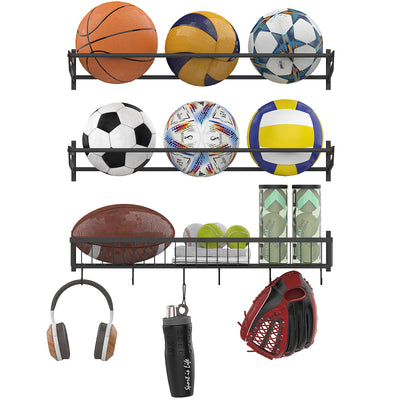 YBING Sports Equipment Organizer with 3 Separate Shelf, Ball Racks for Garage, Garage Sport Equipment Organizer with Hooks,Wall Mount Sports Holder Storage, Black