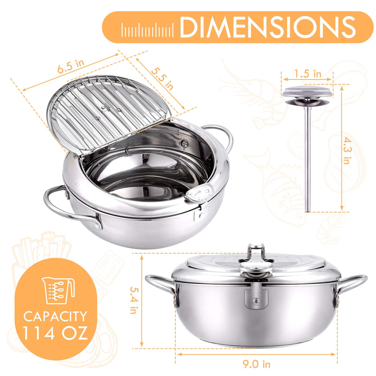 cuomaop Deep Fryer Pot, 304 Stainless Steel Japanese Frying Pot with Oil Drain, Temperature Control and Lid, Tempura Deep Fryer Pot for Kitchen Stove/Induction Cooker French Fries Fryer Chicken 9.4" cuomaop