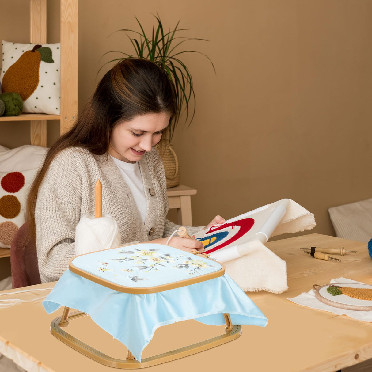 PATIKIL 9.4" x 8.7" Square Embroidery Hoop Stand, Adjustable ABS Plastic Cross Stitch Stand Hands-Free 2-Tier Embroidery Hoop Holder Punch Needle Frame for Sewing Arts Needlework, Khaki PATIKIL