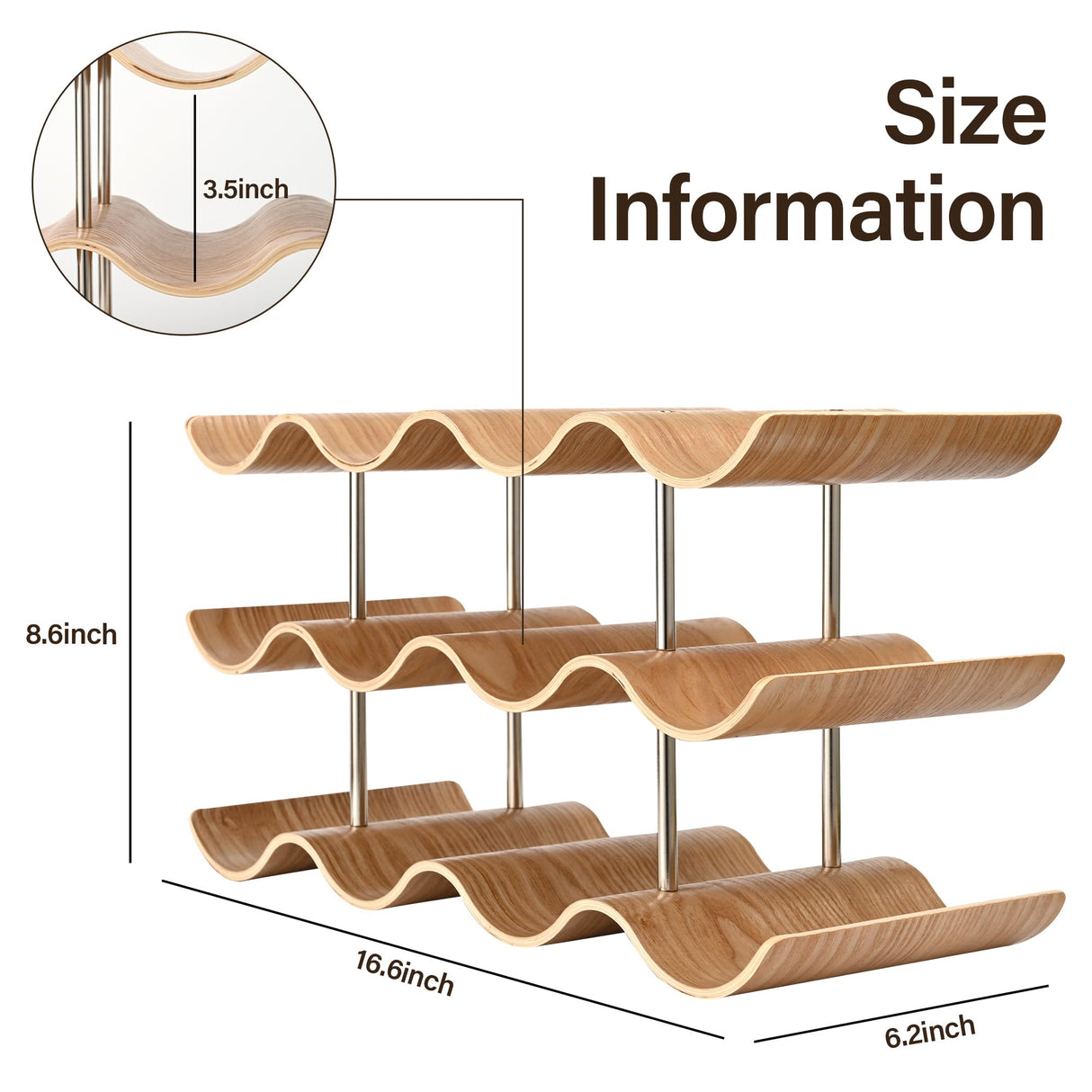 TRUDING Countertop Wine Rack - 12 Bottle Freestanding Wine Bottle Holder Stand - 3 Tier Wooden Wine Storage Rack - Wavy Wine Organizer for Cabinet TRUDING