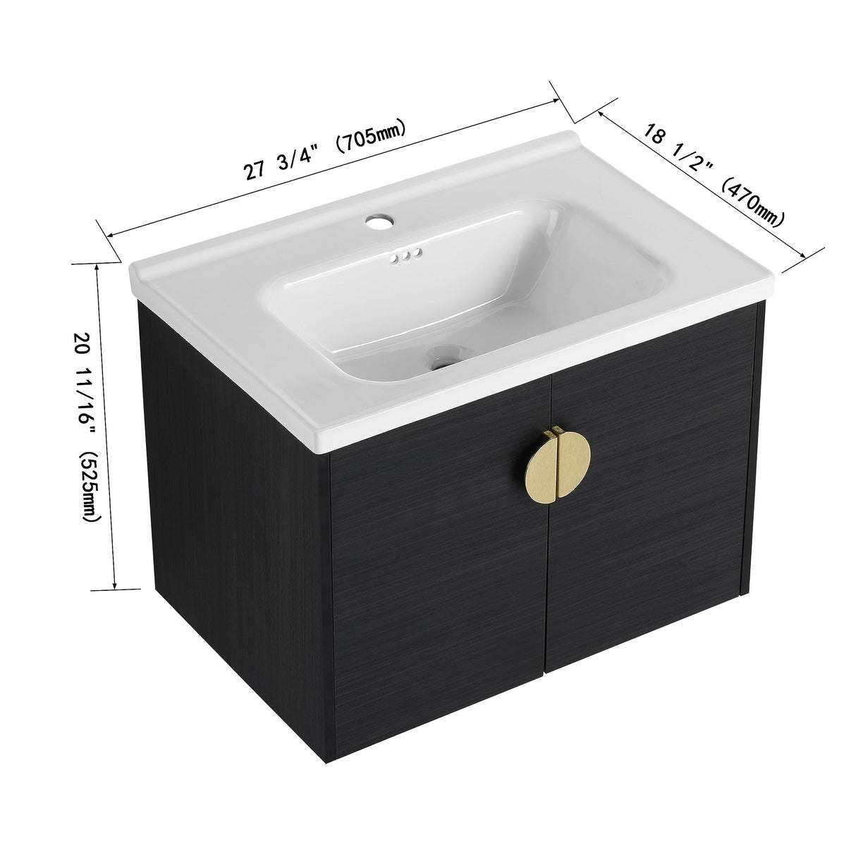 SSLine Modern 28" Floating Bathroom Vanity with Sink Wall Mounted Bathroom Vanity with Top Basin & Storage Cabinet Luxury Black Wood Hanging Vanity w/Ceramic Sink & Gold Handles for Small Space SSLine
