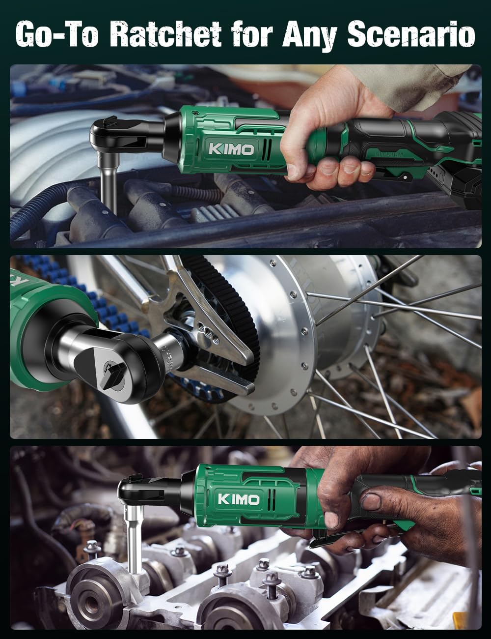 KIMO 20V Cordless Ratchet Wrench 3/8 Set, 89 Ft-lbs 400 RPM Electric Ratchet Wrench, 2x2.0Ah Li-Ion Battery, Fast Charger, Electric Wrench Set w/ 7 Sockets, 3/8" to 1/4" Adapter, 3-Inch Extension Bar K I M O.