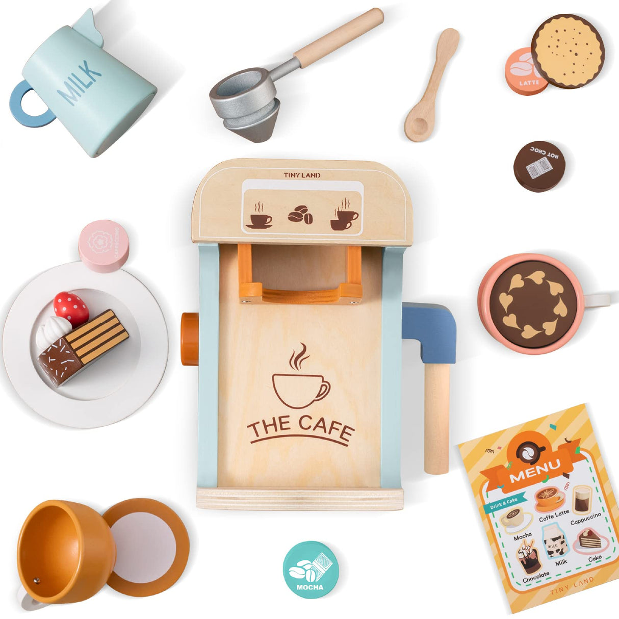 Tiny Land Kids Coffee Maker Wooden Kitchen Toys - 17Pcs Toy Coffee Maker Playset - Wooden Play Toys, Play Kitchen Accessories for Girls & Boys Tiny Land