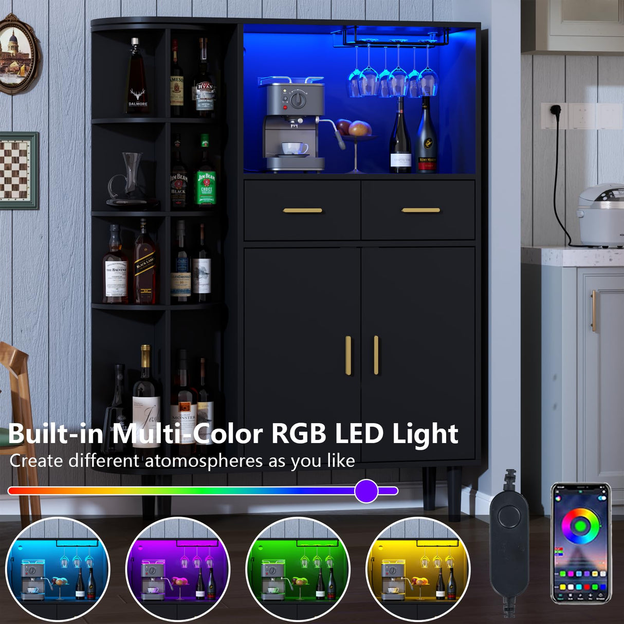 Kitchen Pantry Storage Cabinet with Charging Station and LED Lights, Freestanding Buffet Cabinet with Wine Glass Holder,Kitchen Hutch Cabinet with Rotation 4-Tier Storage Rack for Kitchen(Black) Gyfimoie