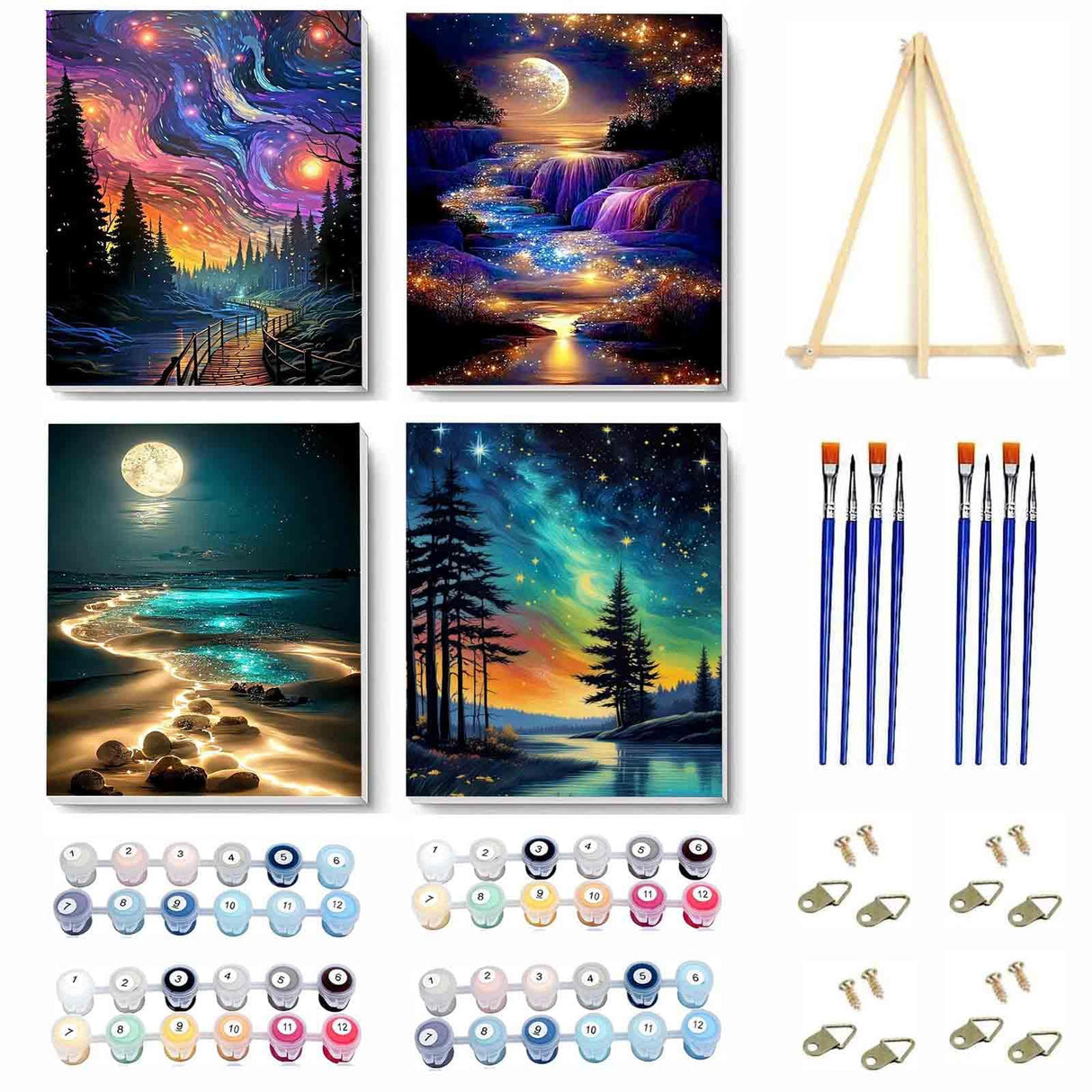 VIGEGU 4 Pack Paint by Numbers Kit for Adults Beginner with Frame,Paint by Number with Wooden Easel DIY Starry Sky Beach Waterfall Landscape Adult Paint by Number Kits for Home Decor 7.8x11.8inch VIGEGU