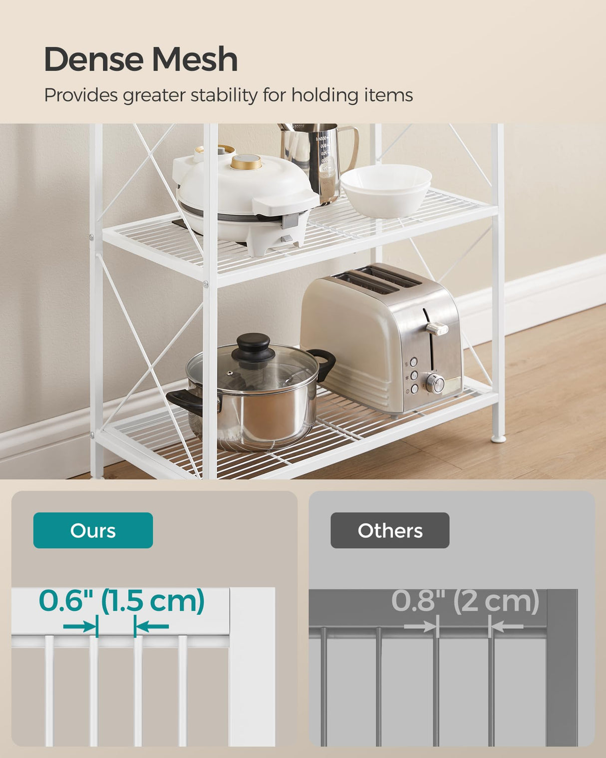 SONGMICS 5-Tier Metal Storage Rack, Shelving Unit with X Side Frames, Dense Mesh, 12.6 x 23.6 x 57.3 Inches, for Entryway, Kitchen, Living Room, Bathroom, Industrial Style, Cloud White UBSC165W01 SONGMICS
