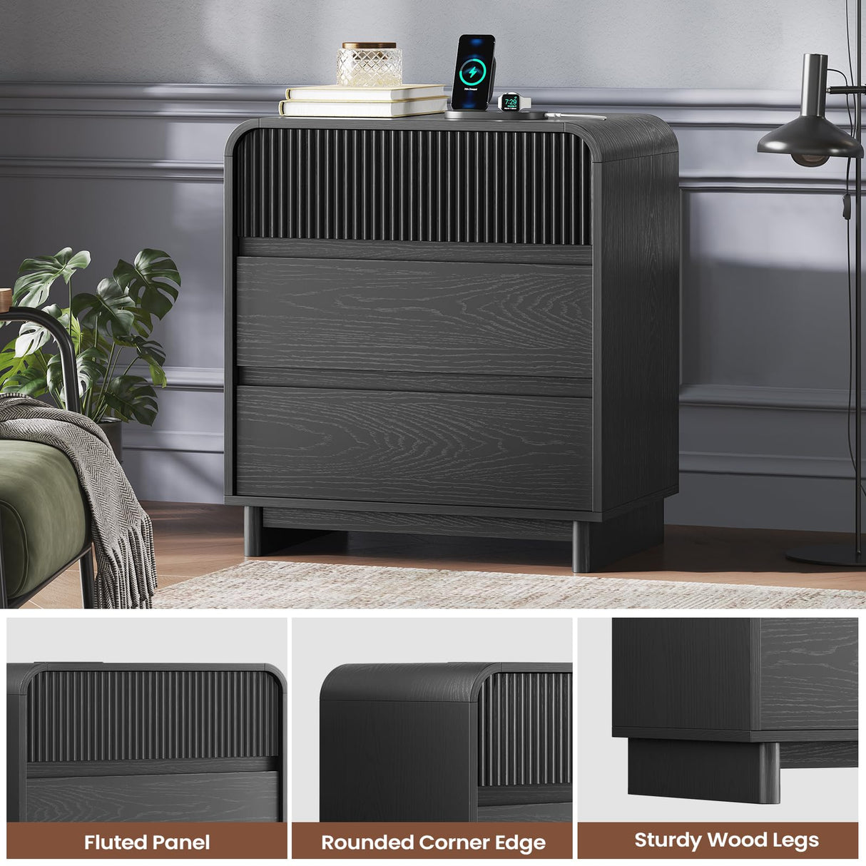 Fluted Nightstands Set of 2 with Charging Station, Black Night Stand with 3 Drawers Dresser, Bedside Table Curved Anti-Collision Design, Modern End Table for Bedroom AOGLLATI