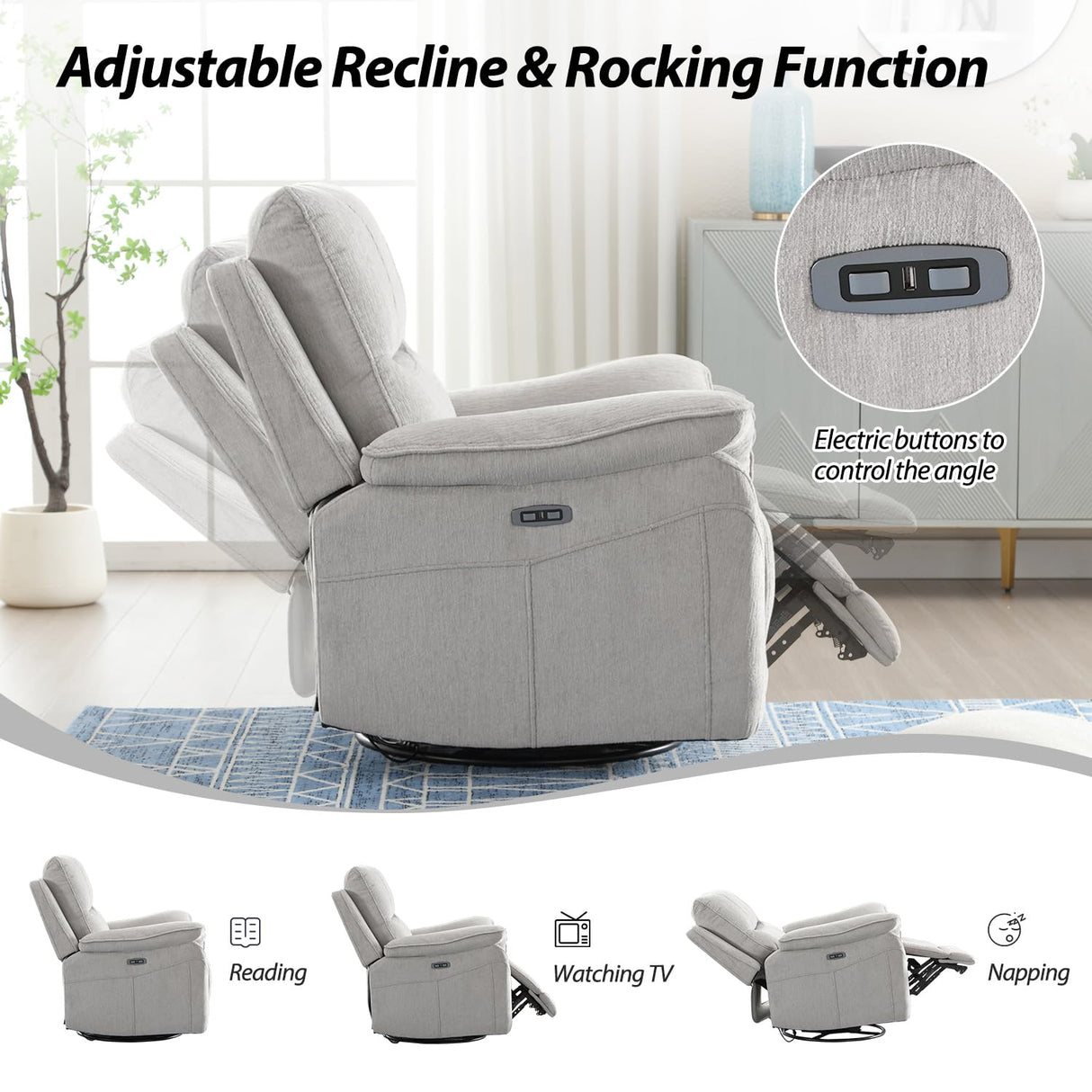 INZOY Glider Recliner Nursery Chair, Power Recliner Swivel Glider, Fabric Electric Swivel Recliner Rocker with Overstuffed Backrest, Power Recliner Chair Reclining Sofa for Living Room, Light Grey INZOY