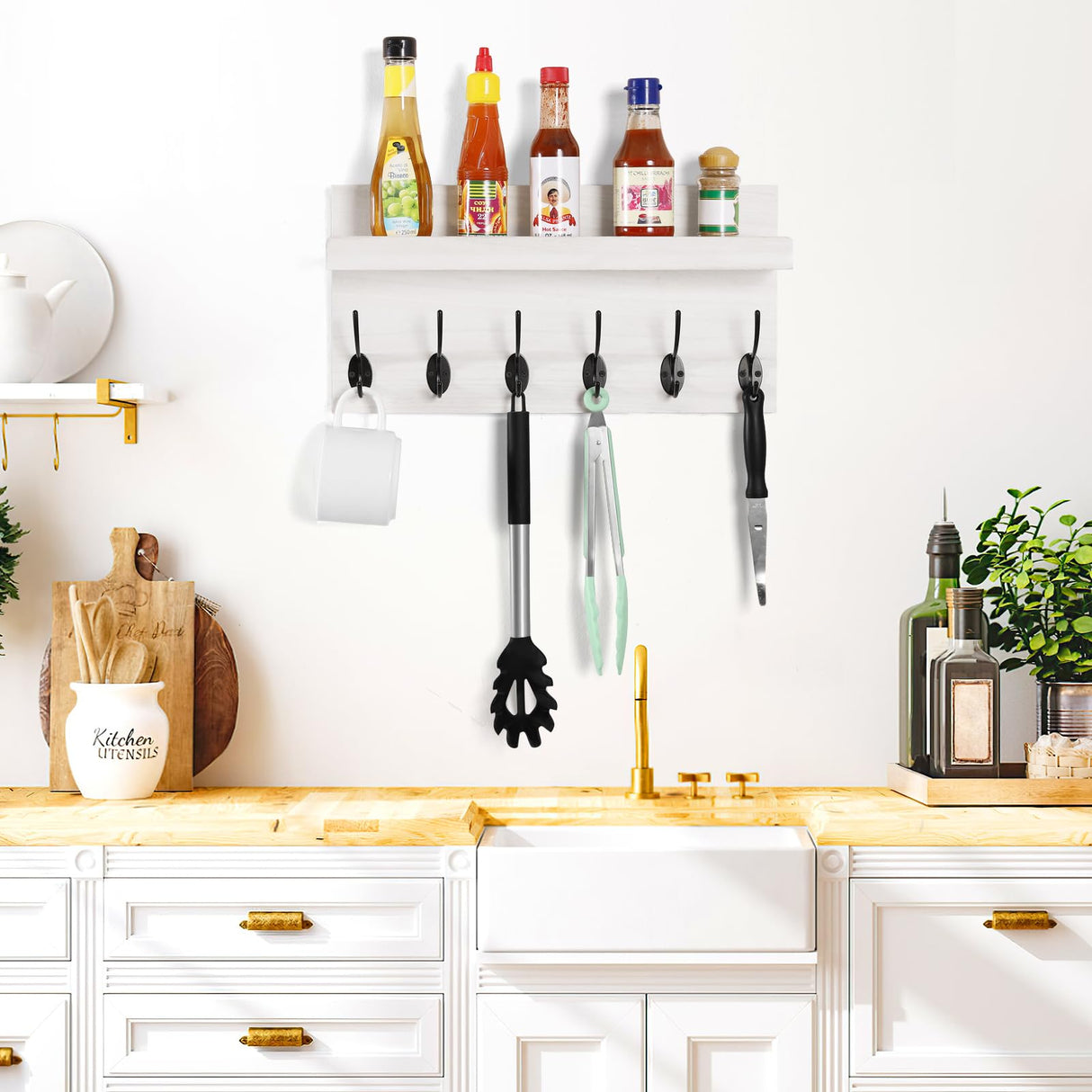 HRONRAD Shelf with Hooks, Coat Rack Wall Mount with 6 Double Metal Hooks, 17 Inch Farmhouse Wall Hooks with Shelf for Entryway, Bathroom, Kitchen, White HRONRAD