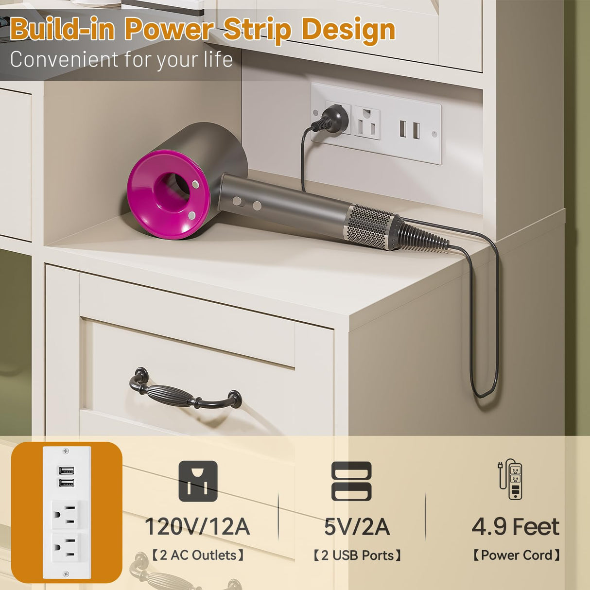 DINGIPP Farmhouse Vanity Desk with Mirror and 10 Led Lights, 45.3" Large Makeup Vanity Table with Power Outlet, 5 Drawers and 1 Cabinet, Vanity Set Dressing Table with 9 Hooks for Women Girls (White) DINGIPP