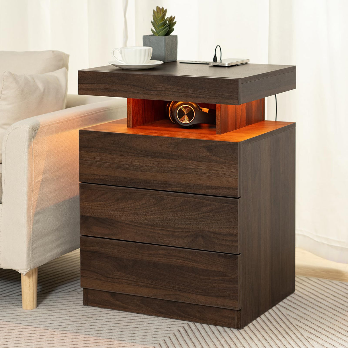 HOMMPA LED Nightstand with Wireless Charging Station Dark Walnut Mid Century Bedside Table with Led Light Smart Nightstand USB Port Type C Tall Night Table with 3 Drawers Wood Night Stand for Bedroom HOMMPA