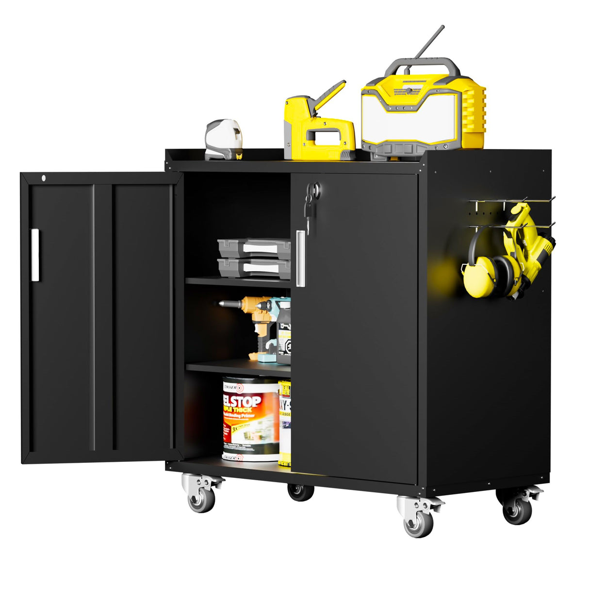 LCAOPC Metal Storage Cabinet with Wheels, Lockable Garage Cabinet with Wheels, Tool Cabinet on Wheels, Metal Rolling Utility Cabinet for Home, Office, Garage and Workshop, Black LCAOPC