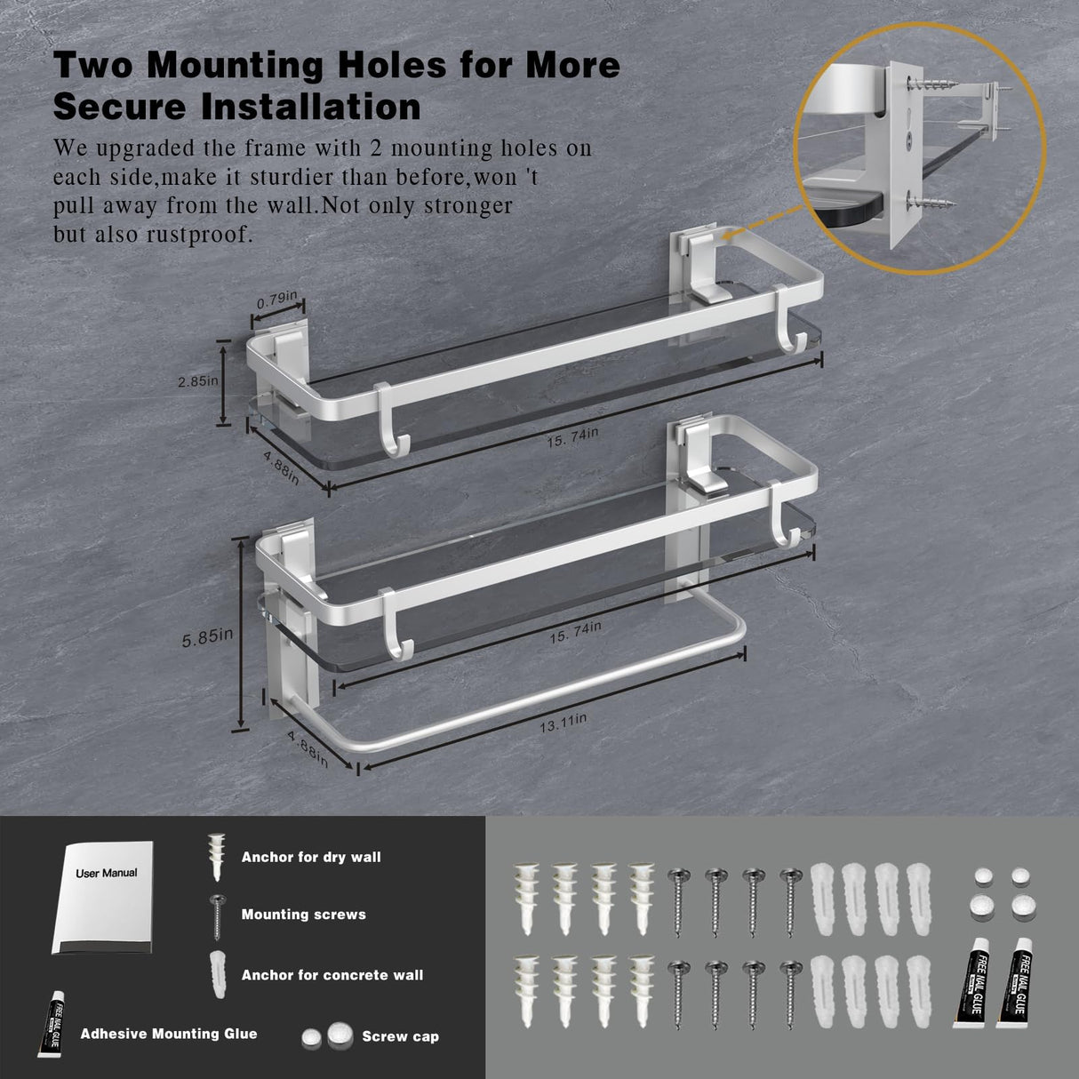VOLPONE Glass Shelf for Bathroom 15.7 in Bathroom Shelves with Towel Bar Tempered Glass Shelves with 4 Removable Hooks for Wall(2 Tier) VOLPONE